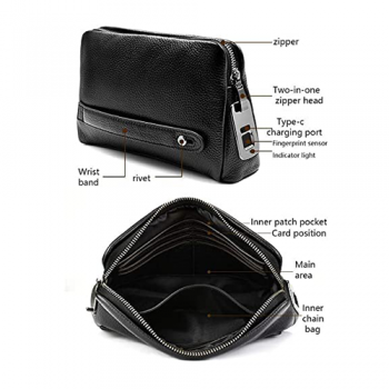 Leather Business Bag With Fingerprint Lock For Men, Black