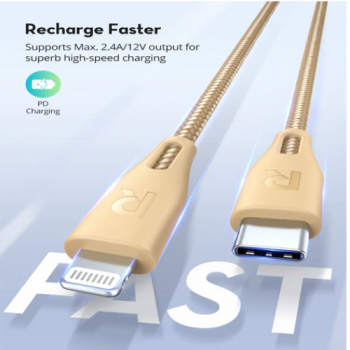 RAVPOWER TYPE C TO LIGHTNING CABLE 1.2M NYLON GOLD